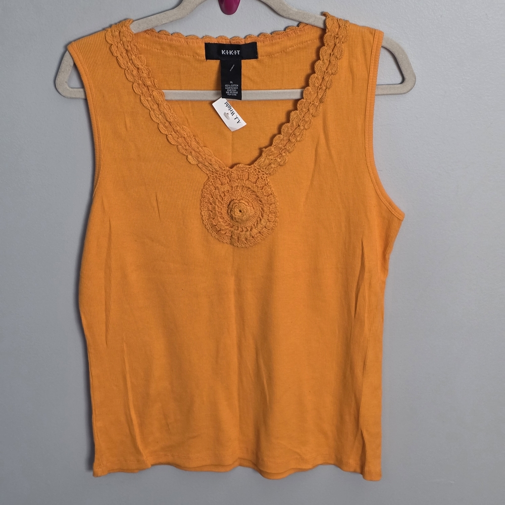 Falls Creek Ladies' Notch Neck Orange Tank with Crochet Neckline. 